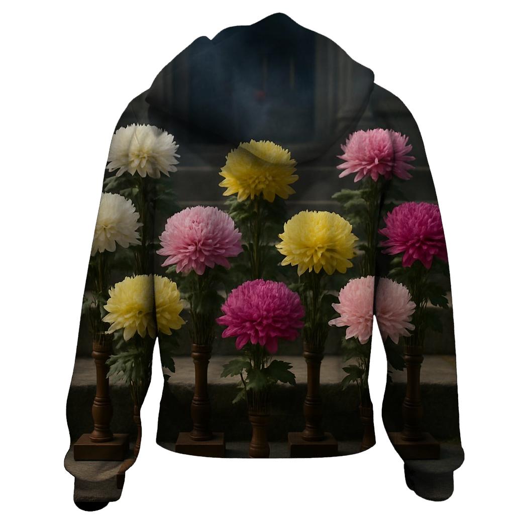 Temple Chrysanthemum Display zip-up hoodies
