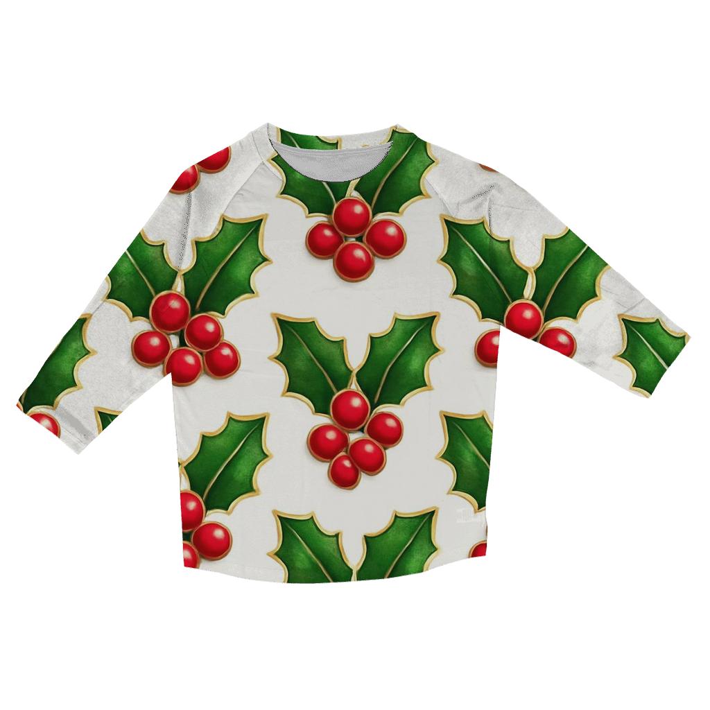 Red Holly Grid On White Background trendy 3/4 sleeve tops