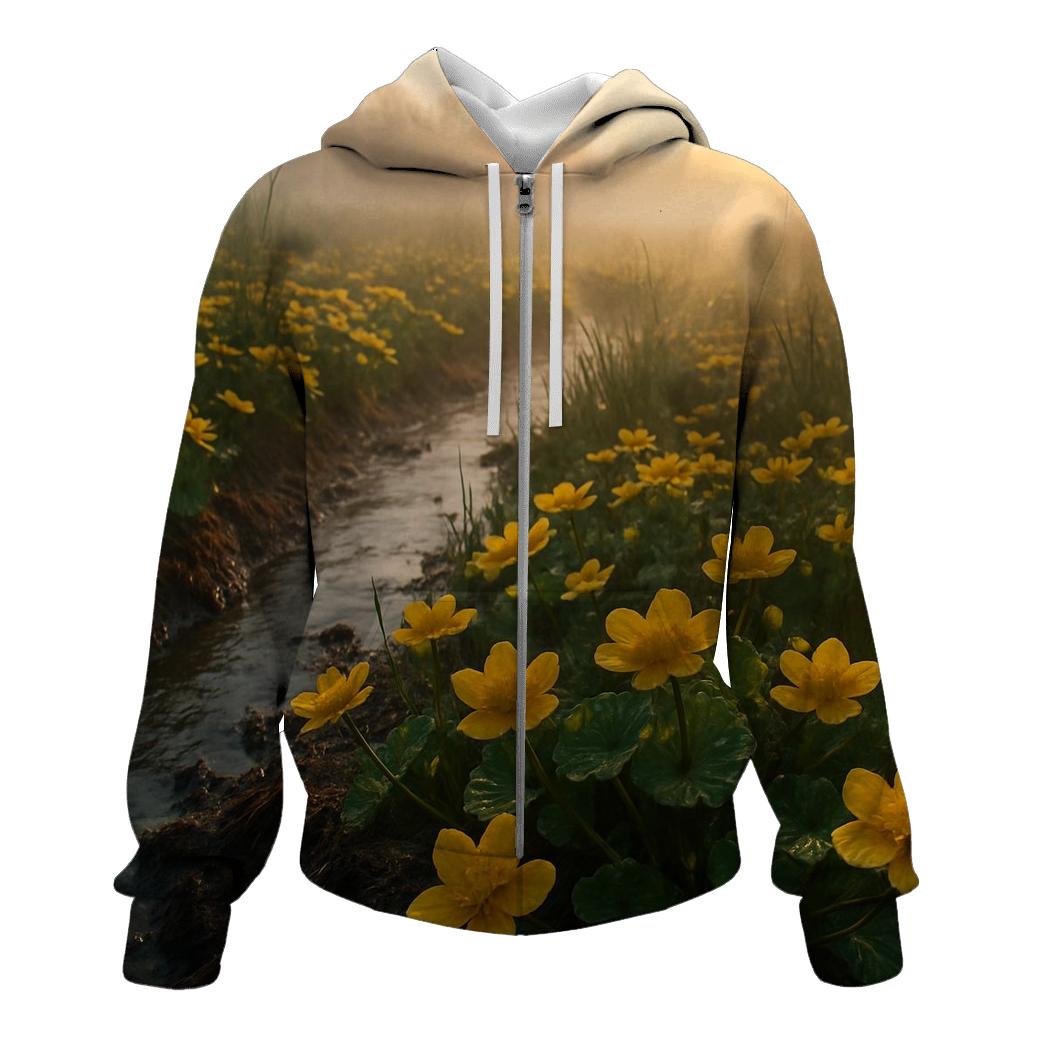 Wetland Marsh Marigold Sunrise designer hoodies