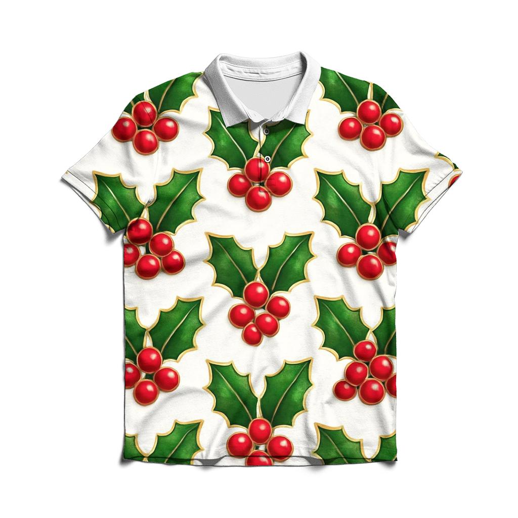 Red Holly Grid On White Background premium cotton polo shirts