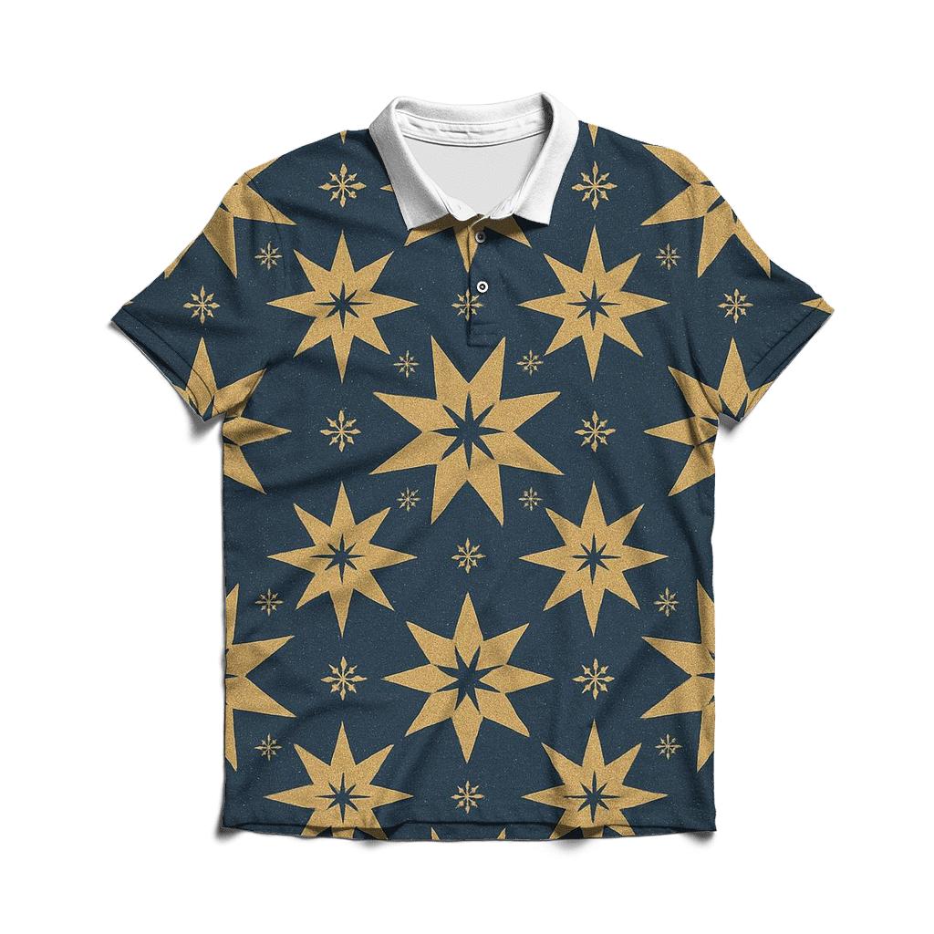 Golden Star Tessellation On Navy Blue Background custom polo shirts