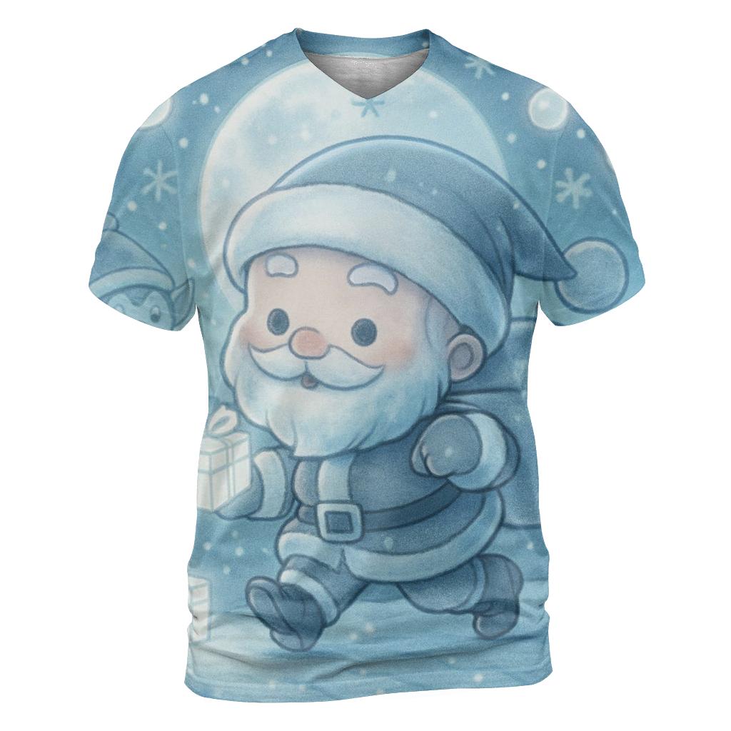 Chibi Skyline Rooftop Santa vibrant all-over design tees