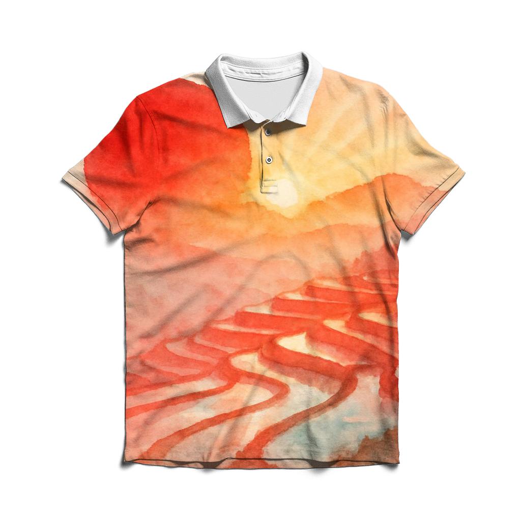 Rising Sun Watercolor embroidered polo tops
