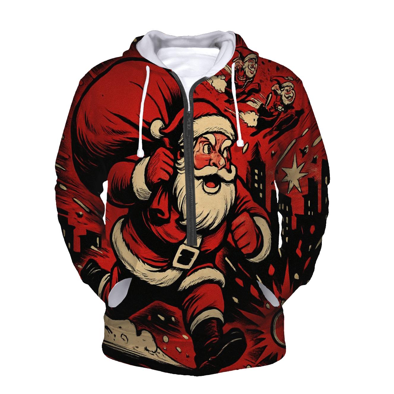 Comic Sleigh Chase Santa lightweight hoodies