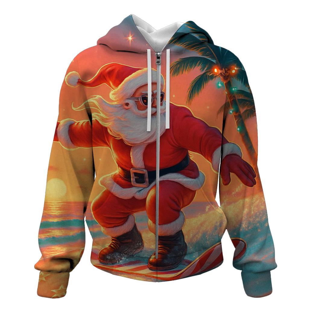 Surfer Santa Sunset printed hoodies