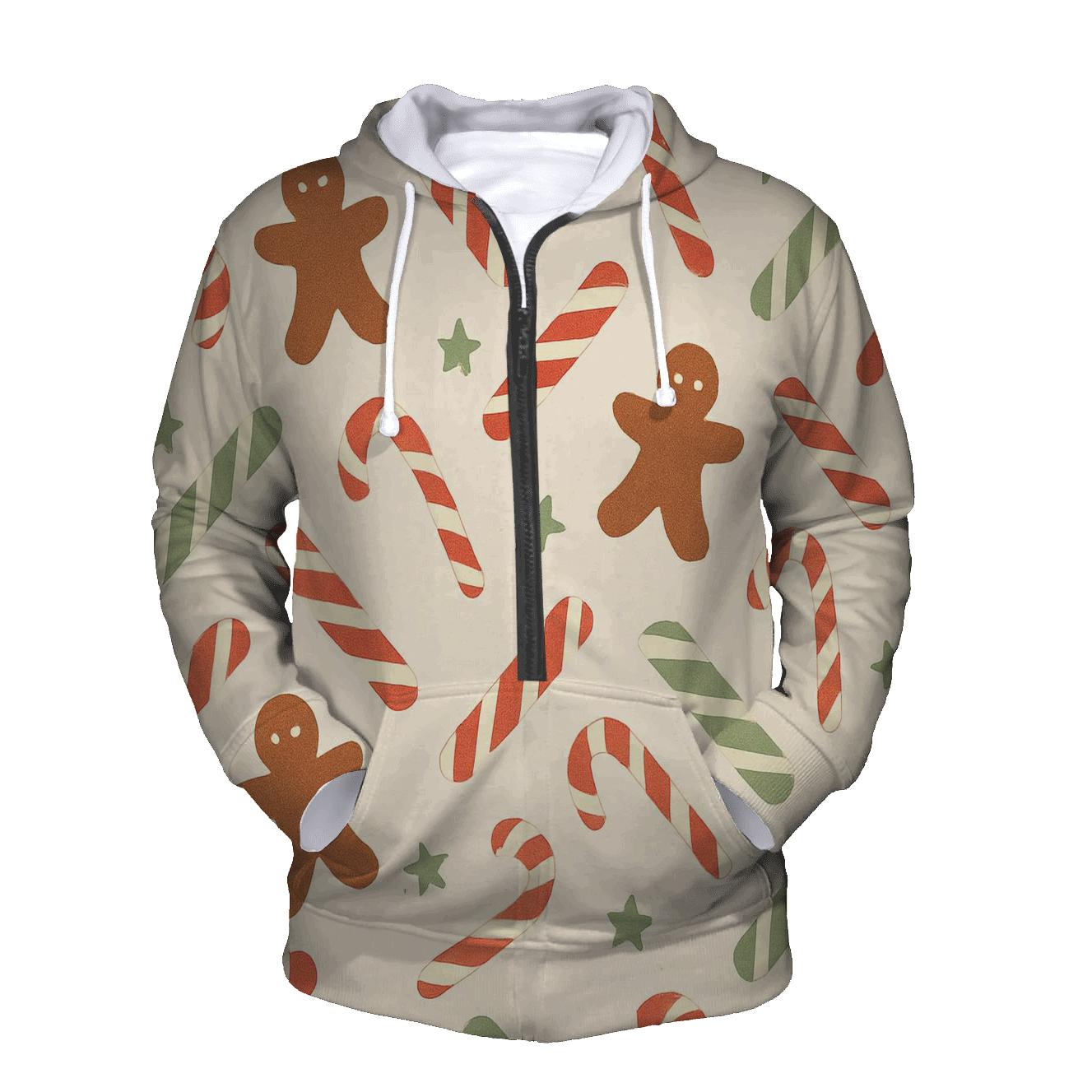 Candy Stripe Scatter With Gingerbread Silhouettes On Ivory zip-up hoodies