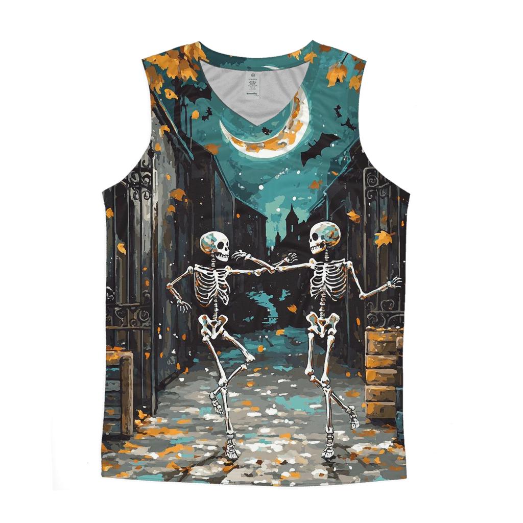 Moonlit Skeleton Duo Dancing In Haunted Alley custom tank tops