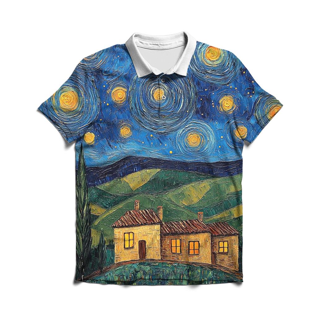 Van Gogh Inspired Starry Countryside designer slim fit polos