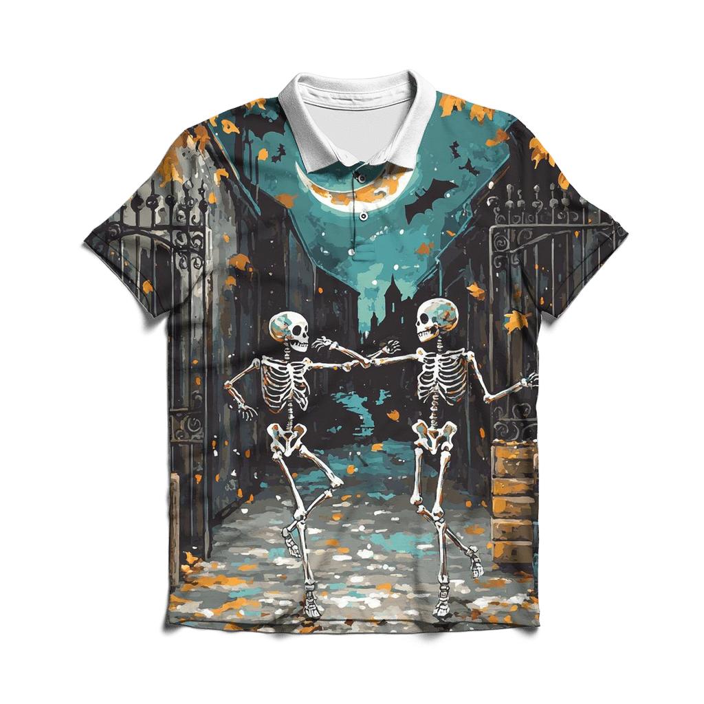Moonlit Skeleton Duo Dancing In Haunted Alley premium cotton polo shirts