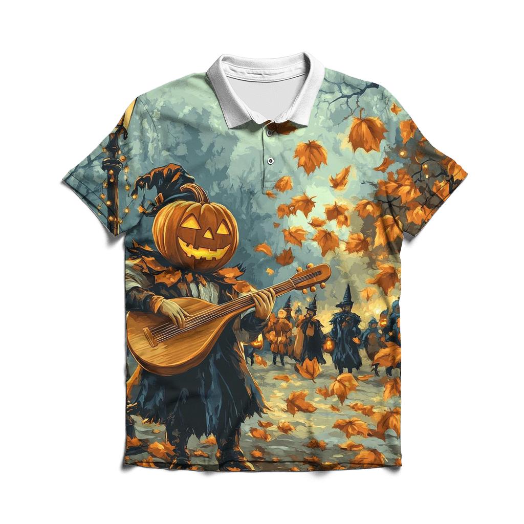 Jack O Lantern Street Musician Halloween designer slim fit polos