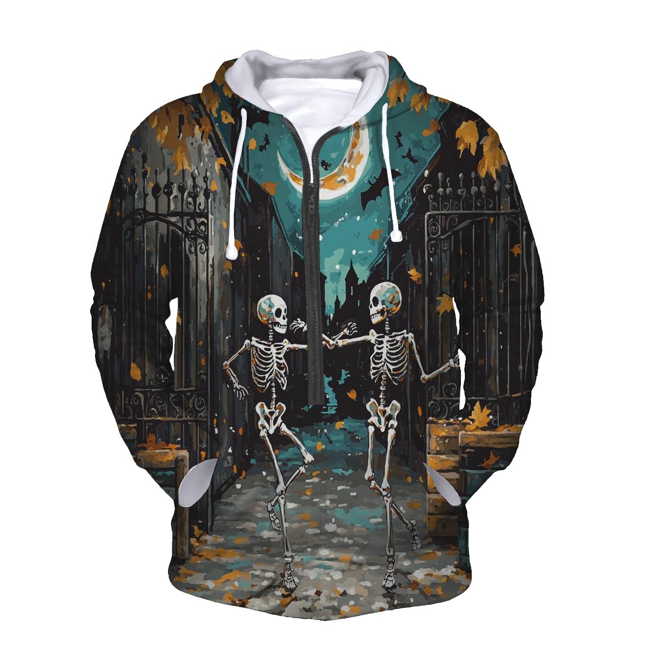 Moonlit Skeleton Duo Dancing In Haunted Alley hoodie trends