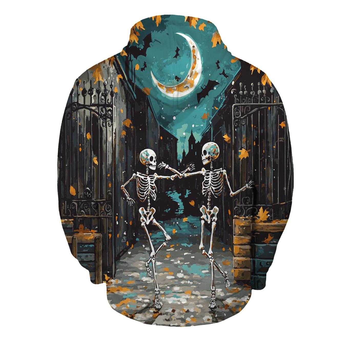 Moonlit Skeleton Duo Dancing In Haunted Alley hoodie trends