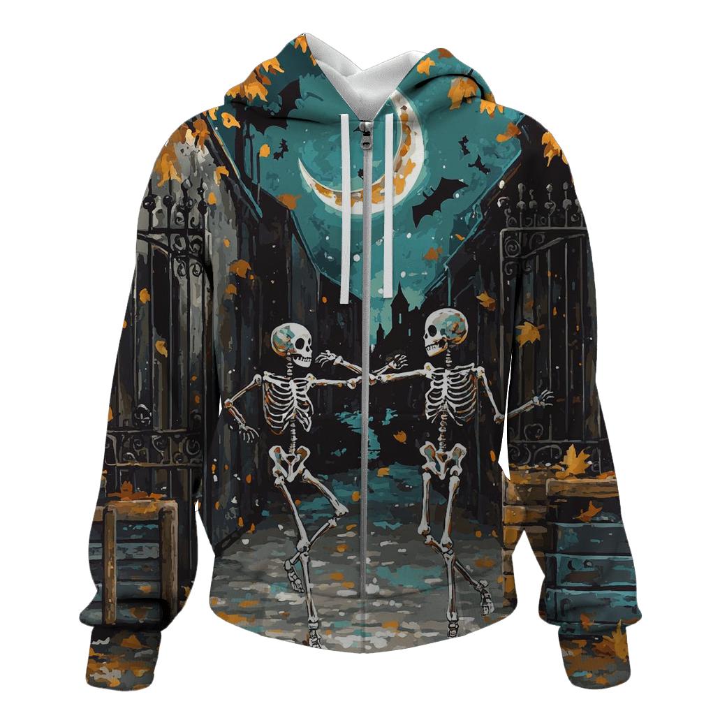 Moonlit Skeleton Duo Dancing In Haunted Alley hoodie trends