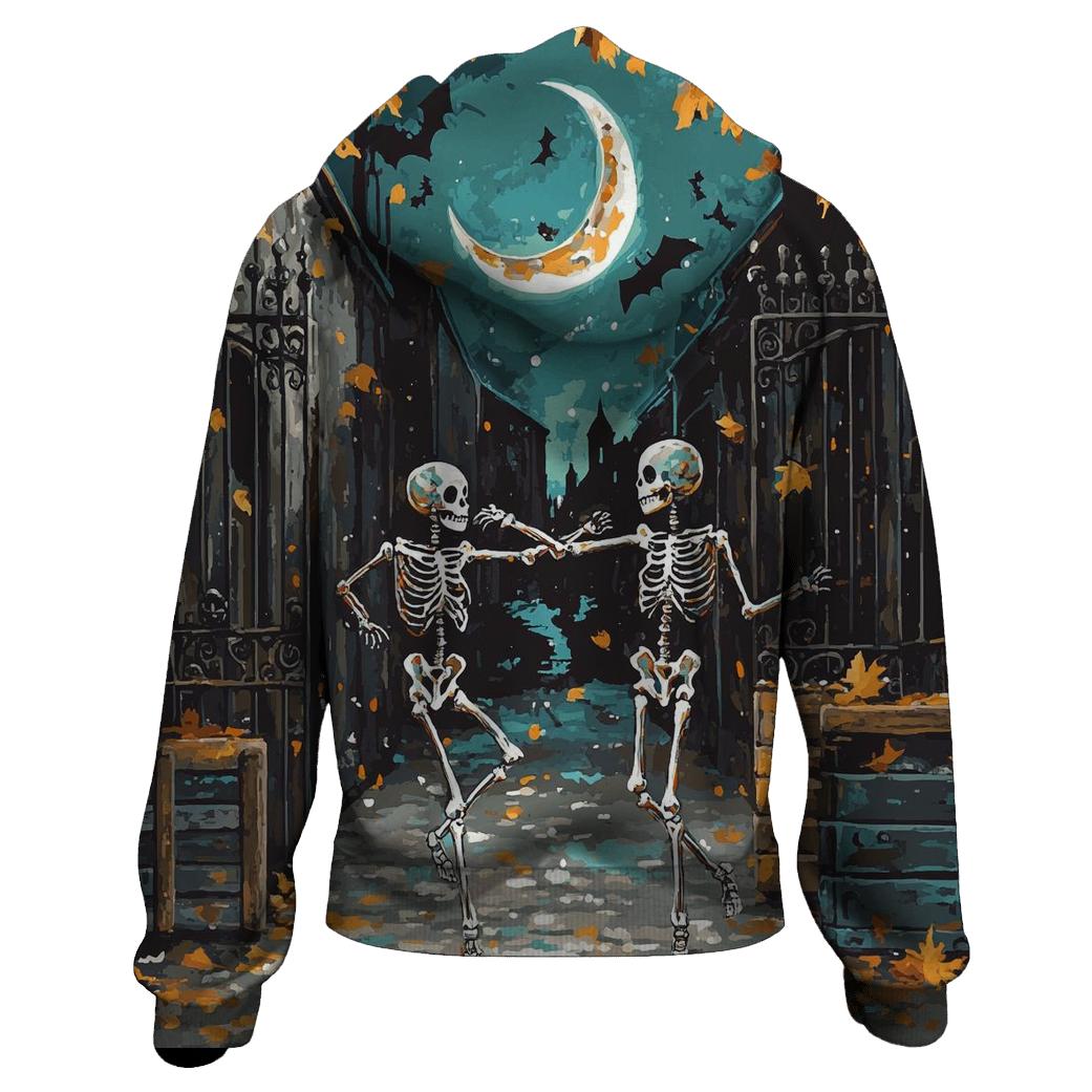 Moonlit Skeleton Duo Dancing In Haunted Alley hoodie trends