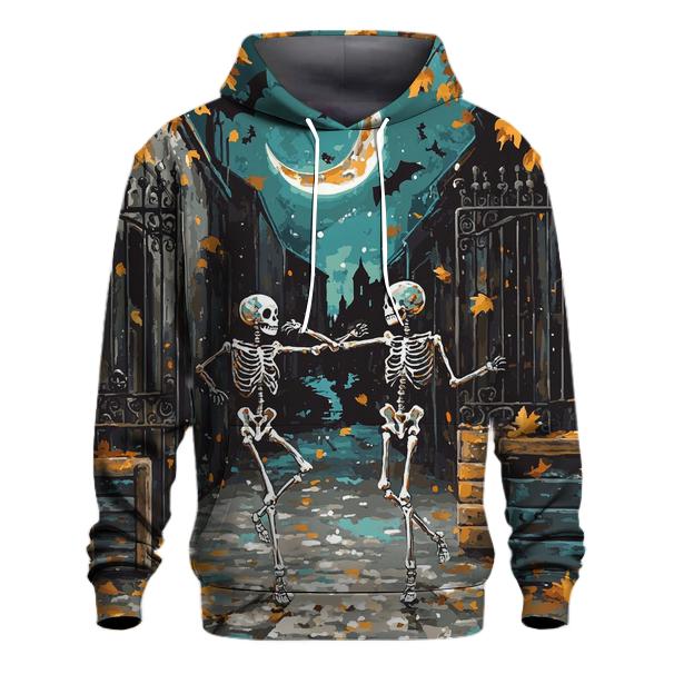 Moonlit Skeleton Duo Dancing In Haunted Alley pullover hoodies