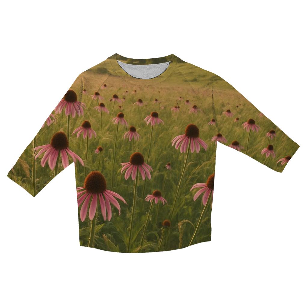Prairie Coneflower Meadow Sweep printed three quarter sleeve shirts