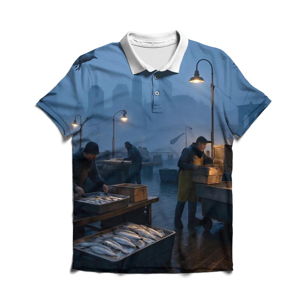 Early Morning Fish Market Panorama branded logo polo shirts