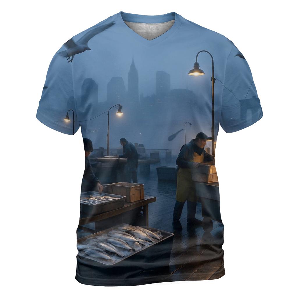 Early Morning Fish Market Panorama vibrant all-over design tees