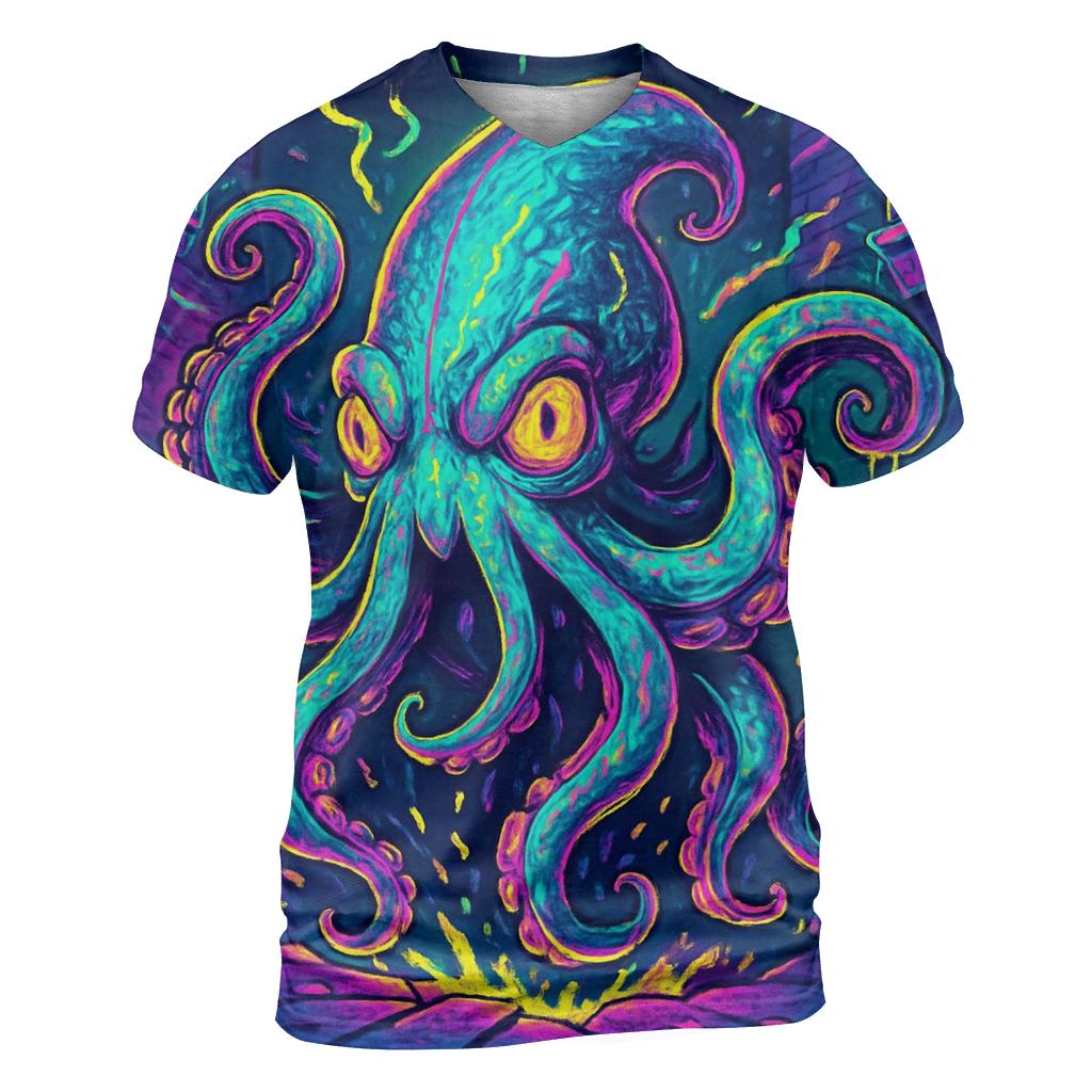 Neon Pocket Kraken vibrant all-over design tees
