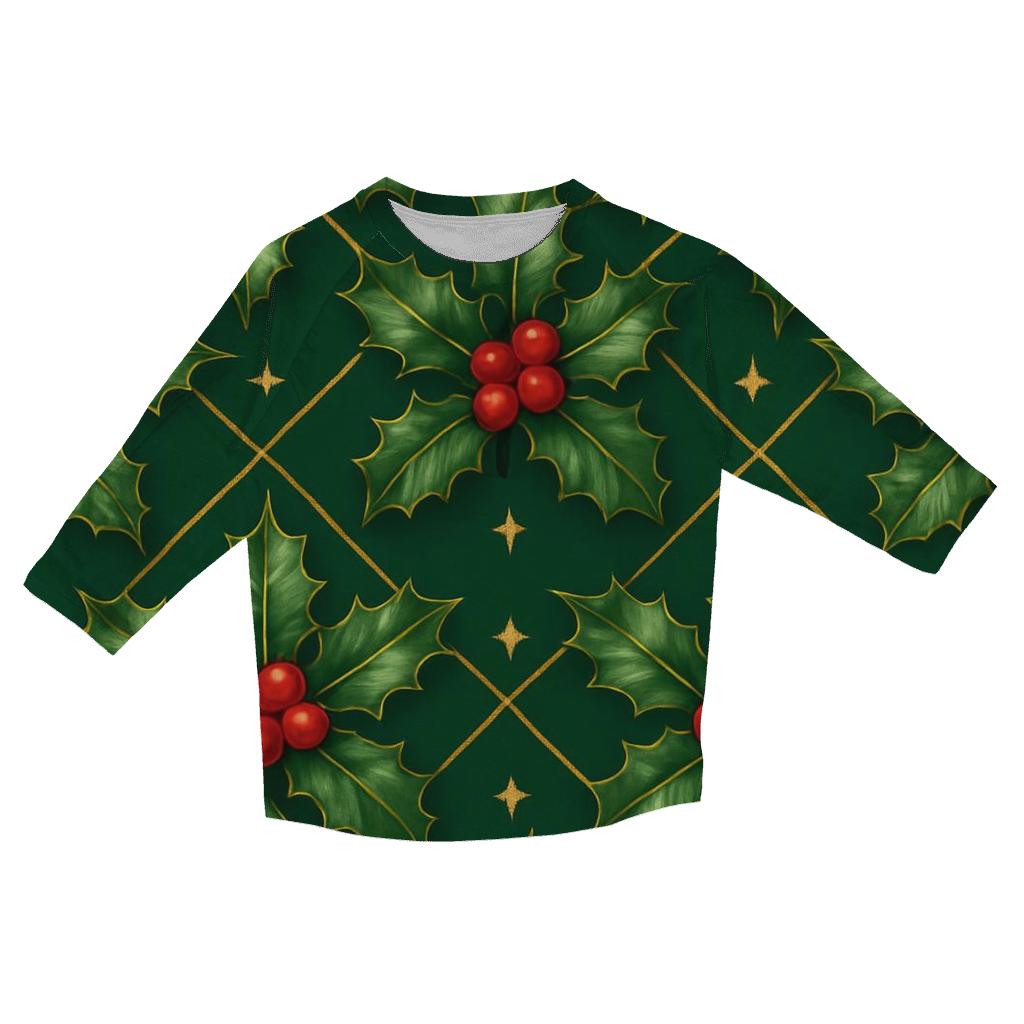 Crimson Holly Lattice On Emerald Background printed three quarter sleeve shirts