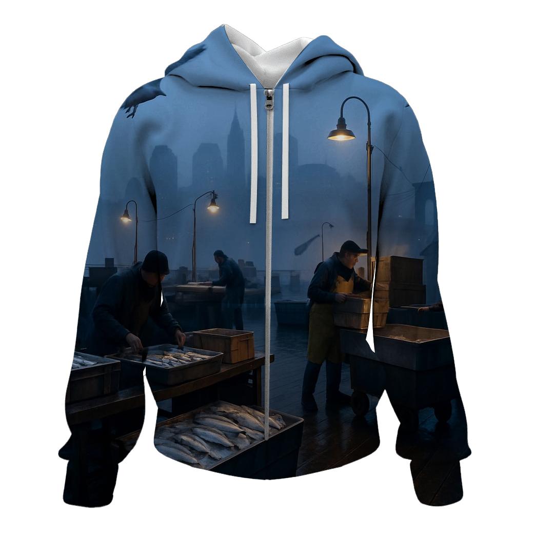 Early Morning Fish Market Panorama zip-up hoodies