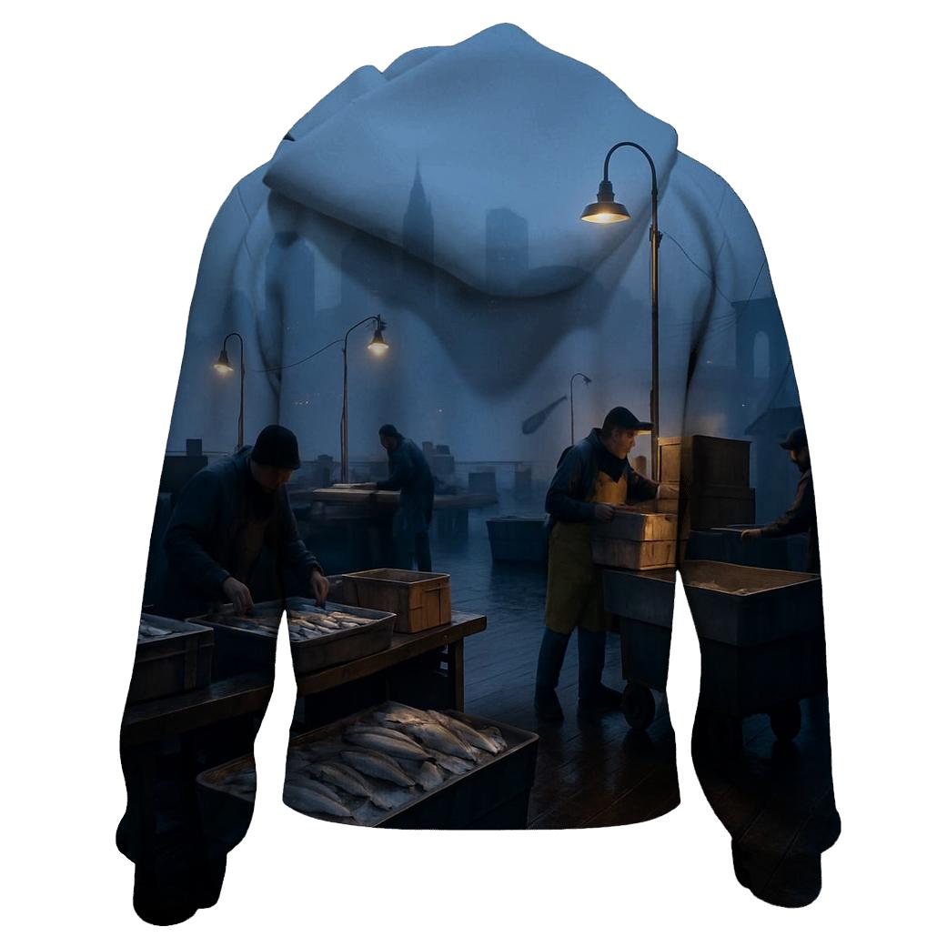 Early Morning Fish Market Panorama zip-up hoodies