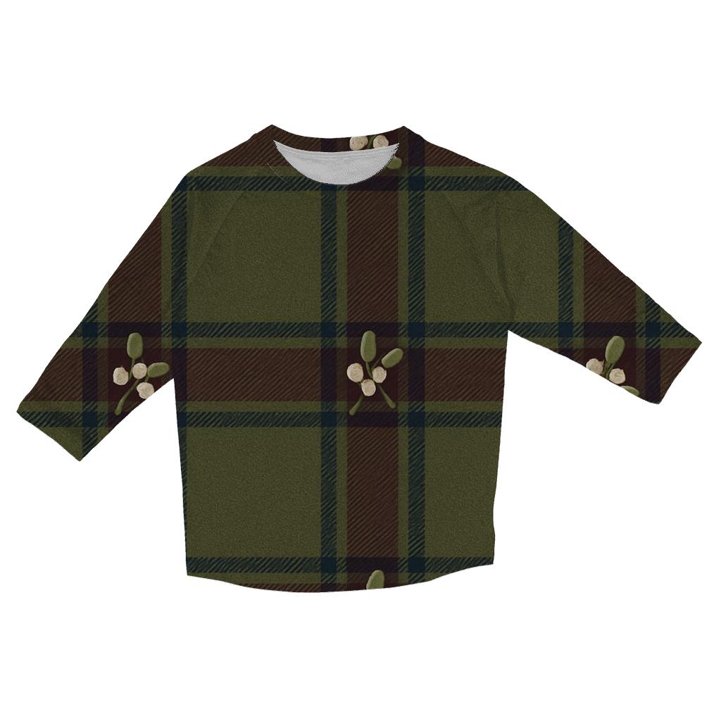 Tartan Ribbon Plaid With Mistletoe On Olive designer 3/4 sleeve blouses