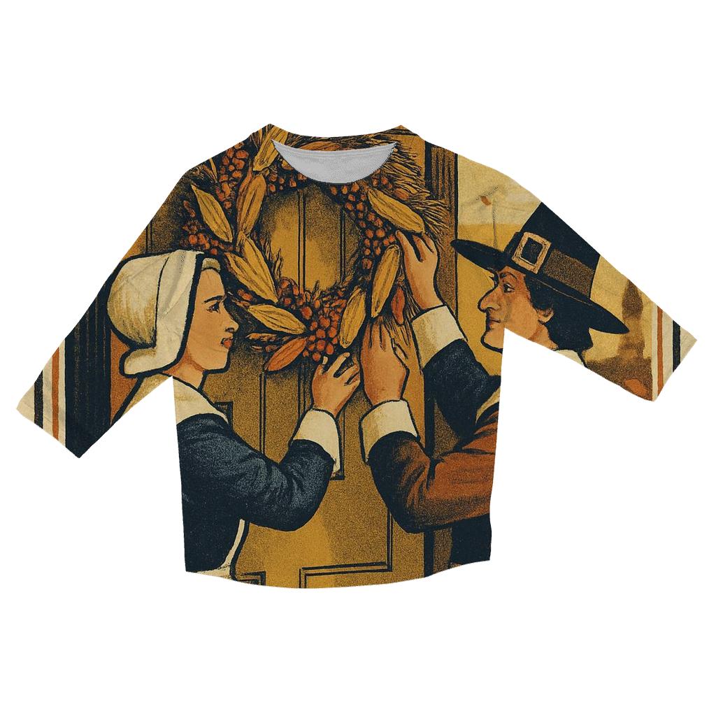 Sunset Pilgrim And Harvest Wreath custom 3/4 sleeve shirts