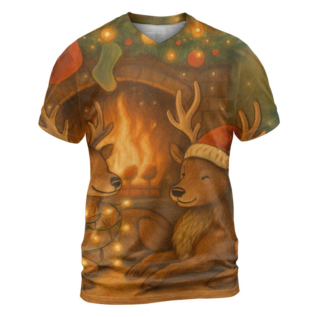 Lazy Fireplace Reindeer vibrant all-over design tees
