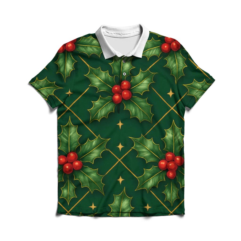 Crimson Holly Lattice On Emerald Background stylish collar polo tees
