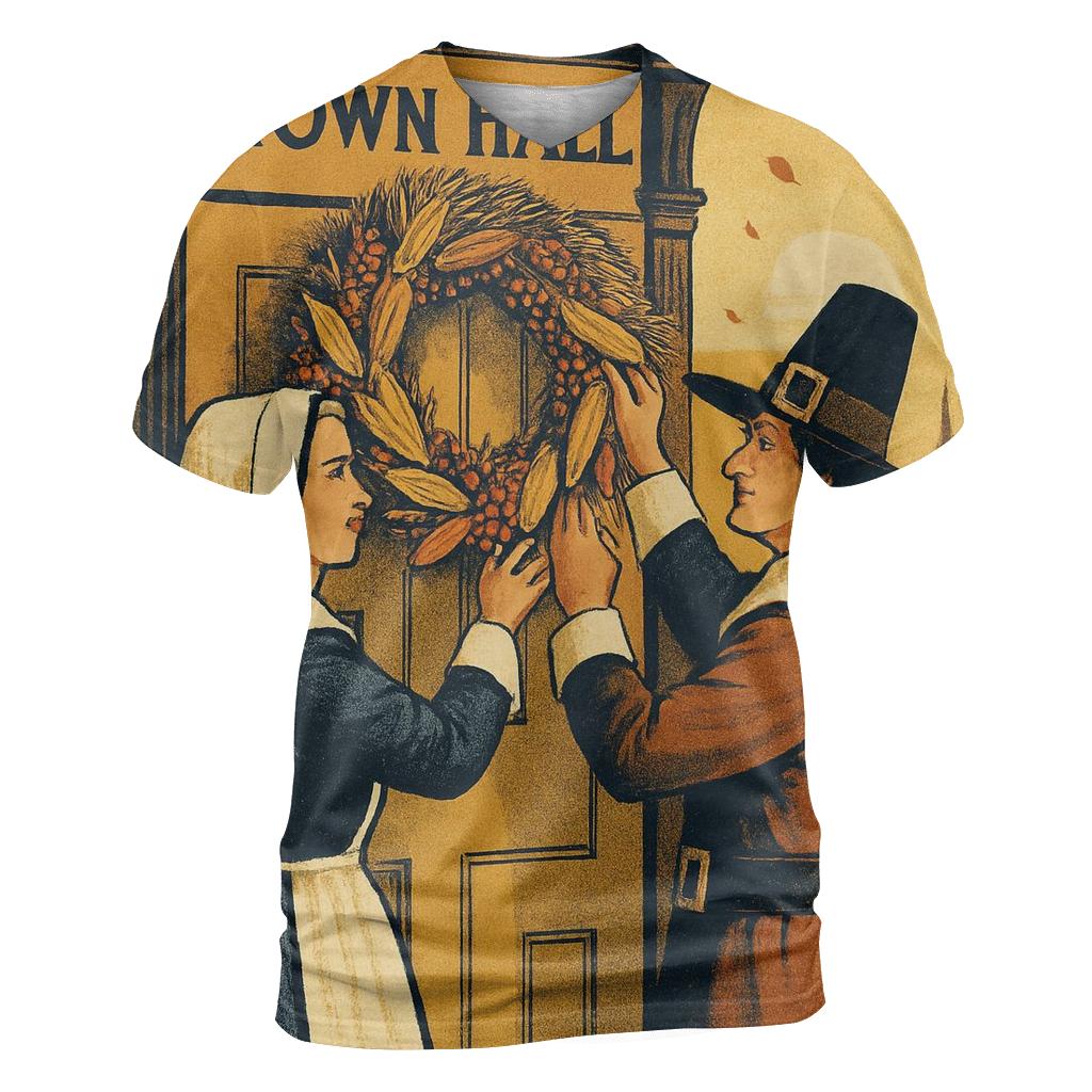 Sunset Pilgrim And Harvest Wreath vibrant all-over design tees