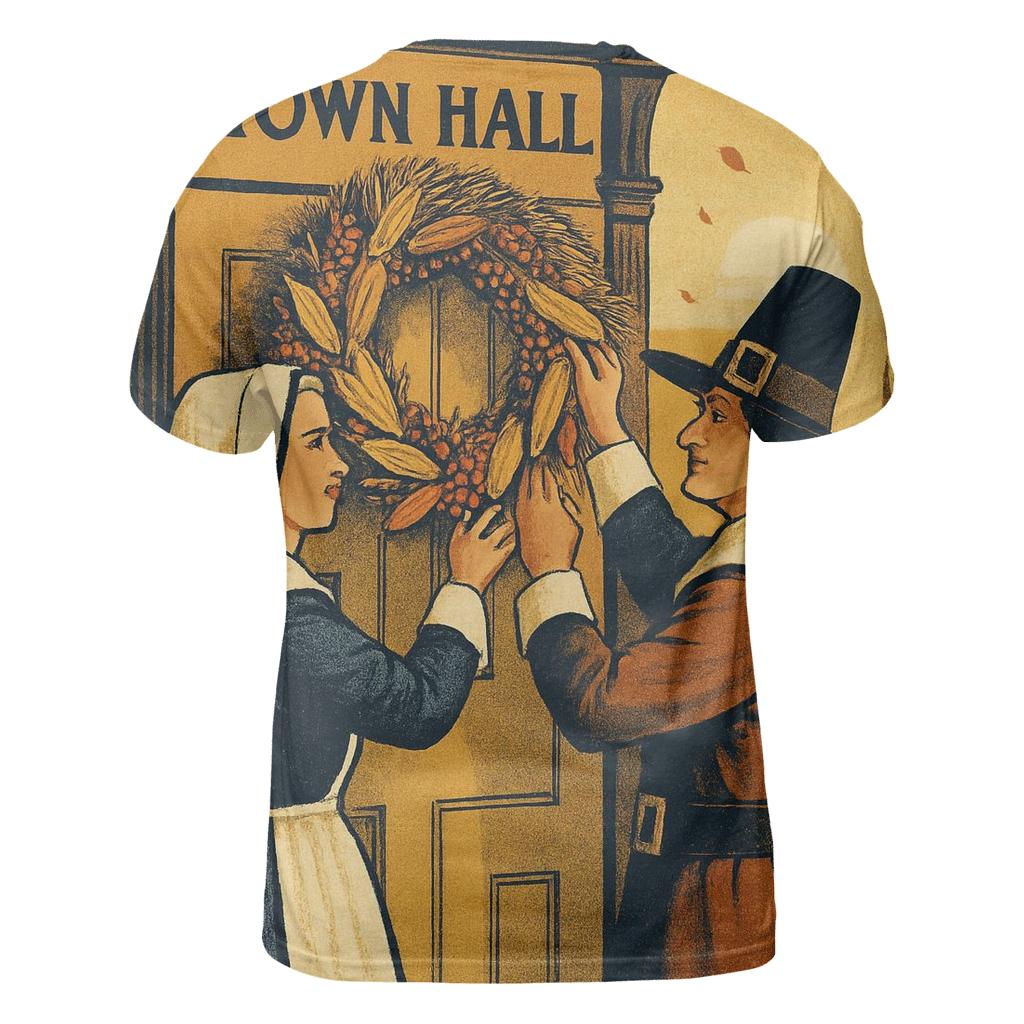 Sunset Pilgrim And Harvest Wreath vibrant all-over design tees