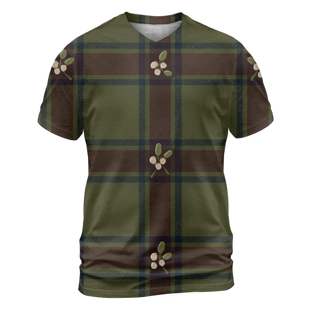 Tartan Ribbon Plaid With Mistletoe On Olive statement graphic shirts