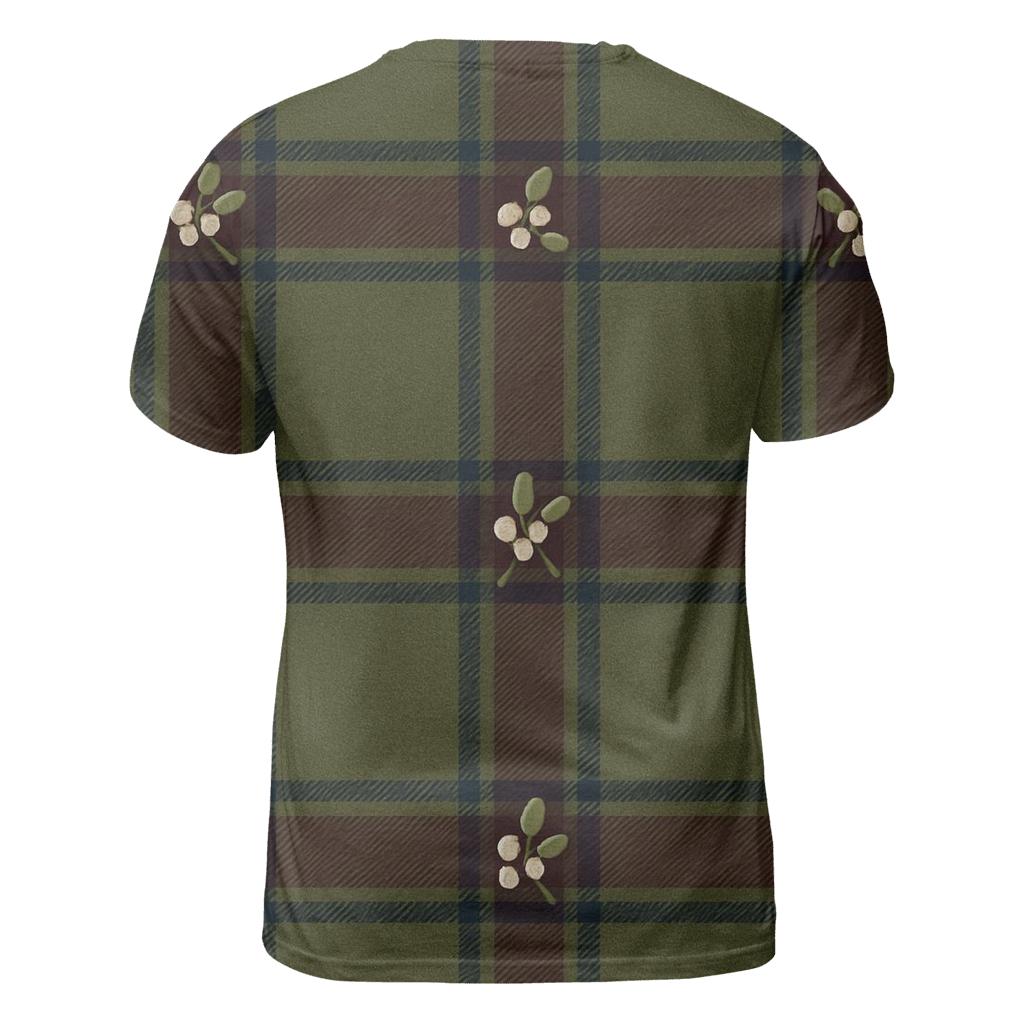 Tartan Ribbon Plaid With Mistletoe On Olive statement graphic shirts
