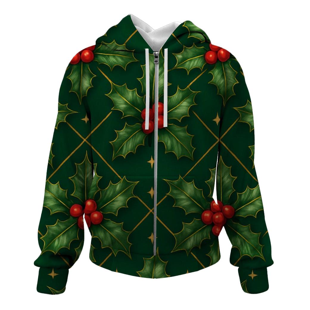 Crimson Holly Lattice On Emerald Background embroidered hoodies