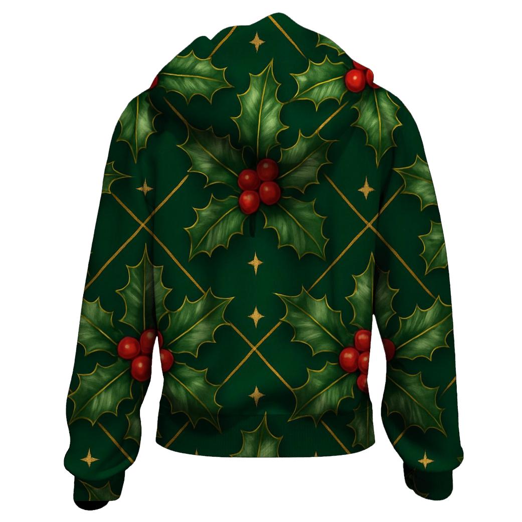 Crimson Holly Lattice On Emerald Background embroidered hoodies