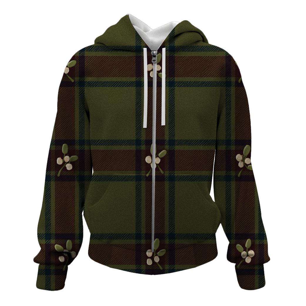 Tartan Ribbon Plaid With Mistletoe On Olive premium hoodies