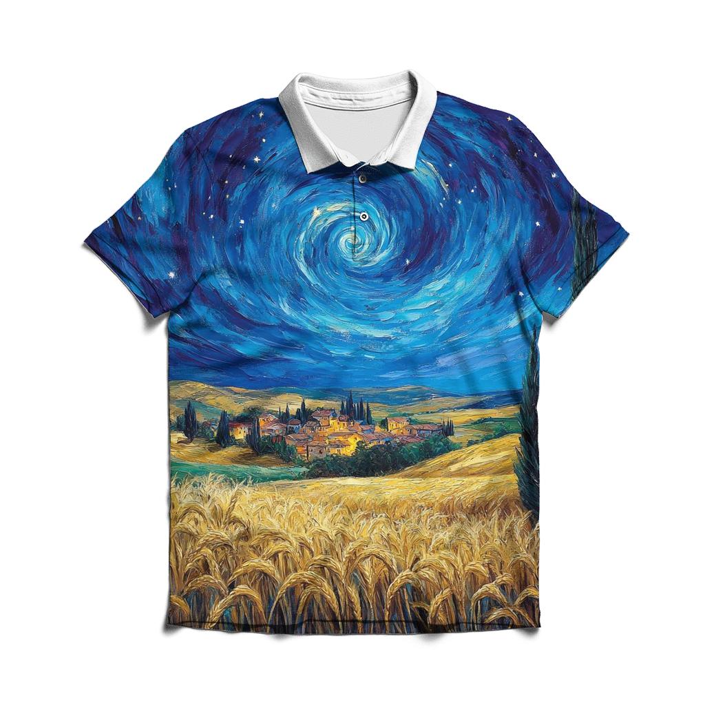 Van Gogh Inspired Starry Countryside embroidered polo tops