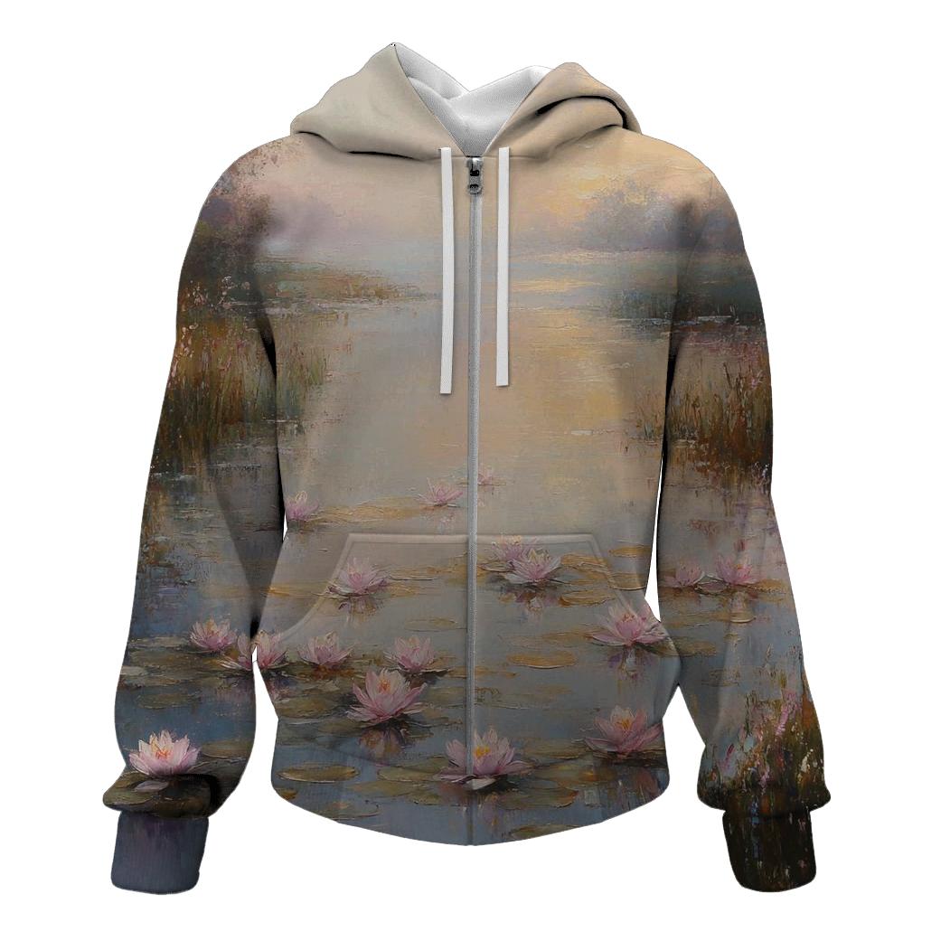 Monet Inspired Water Lilies At Dawn embroidered hoodies