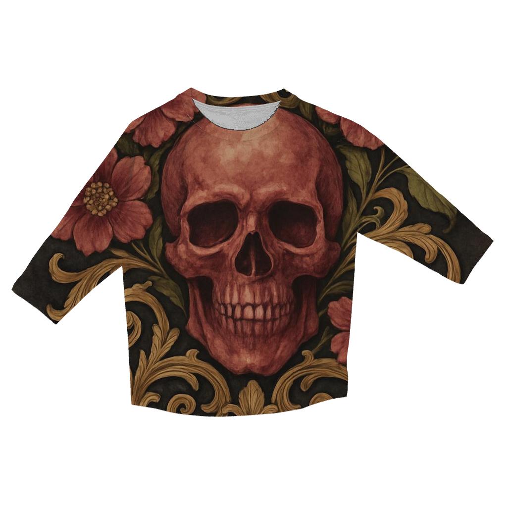 Floral Skull Emblem stylish quarter sleeve tops