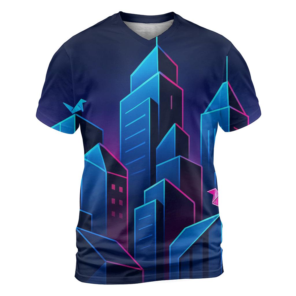 Neon Origami City artistic all-over print tops