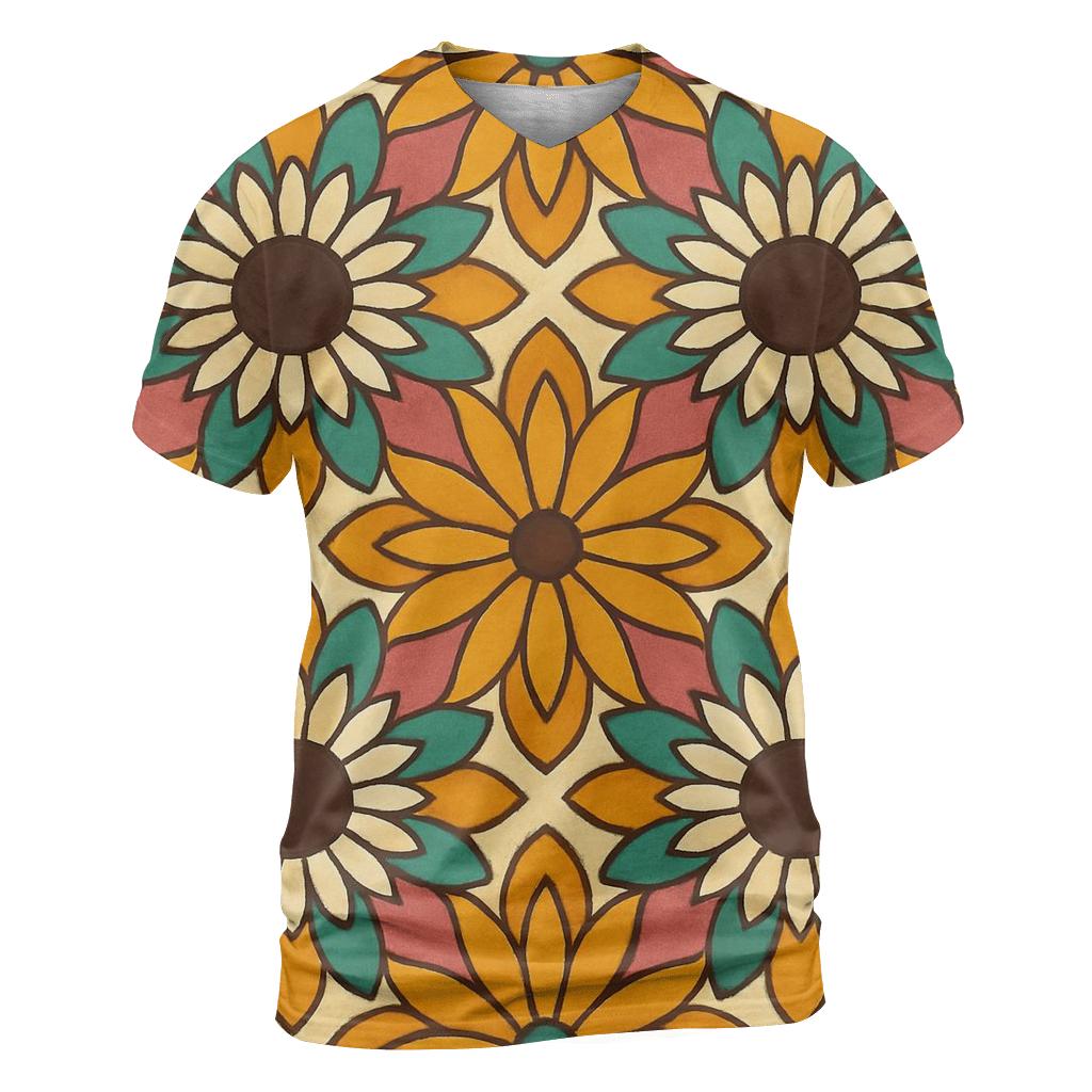 Psychedelic Sunflower Burst vibrant all-over design tees