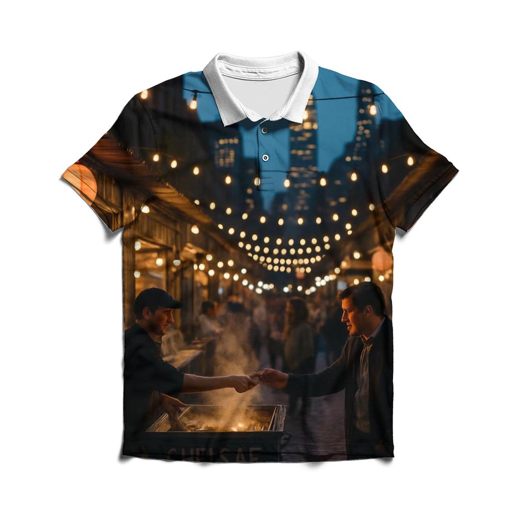 Night Market Alley With Skyline Vista premium cotton polo shirts