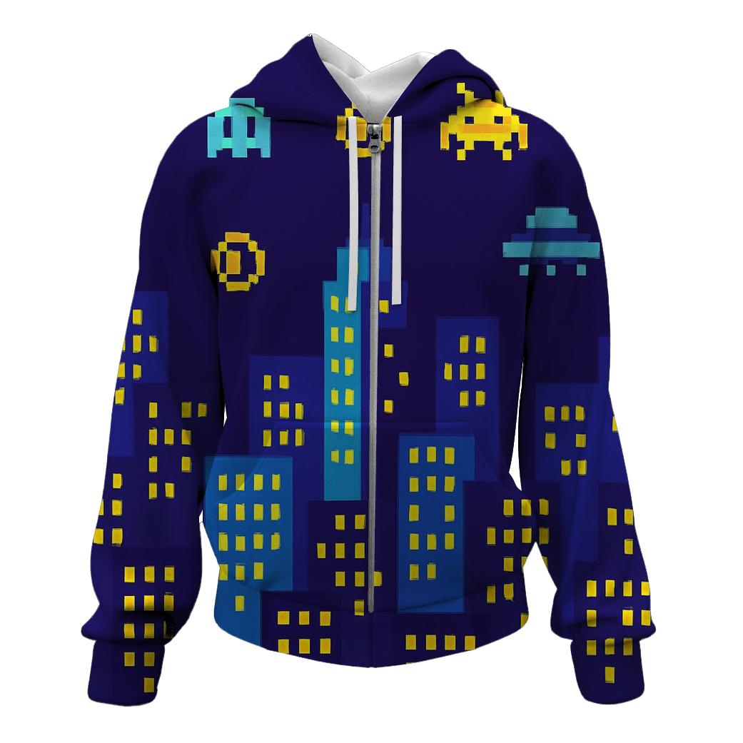 Pixel Arcade Skyline zip-up hoodies