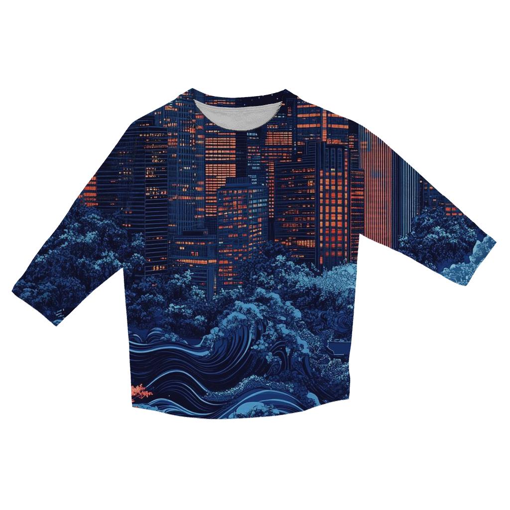 Hokusai Inspired Great Wave Citylights printed three quarter sleeve shirts