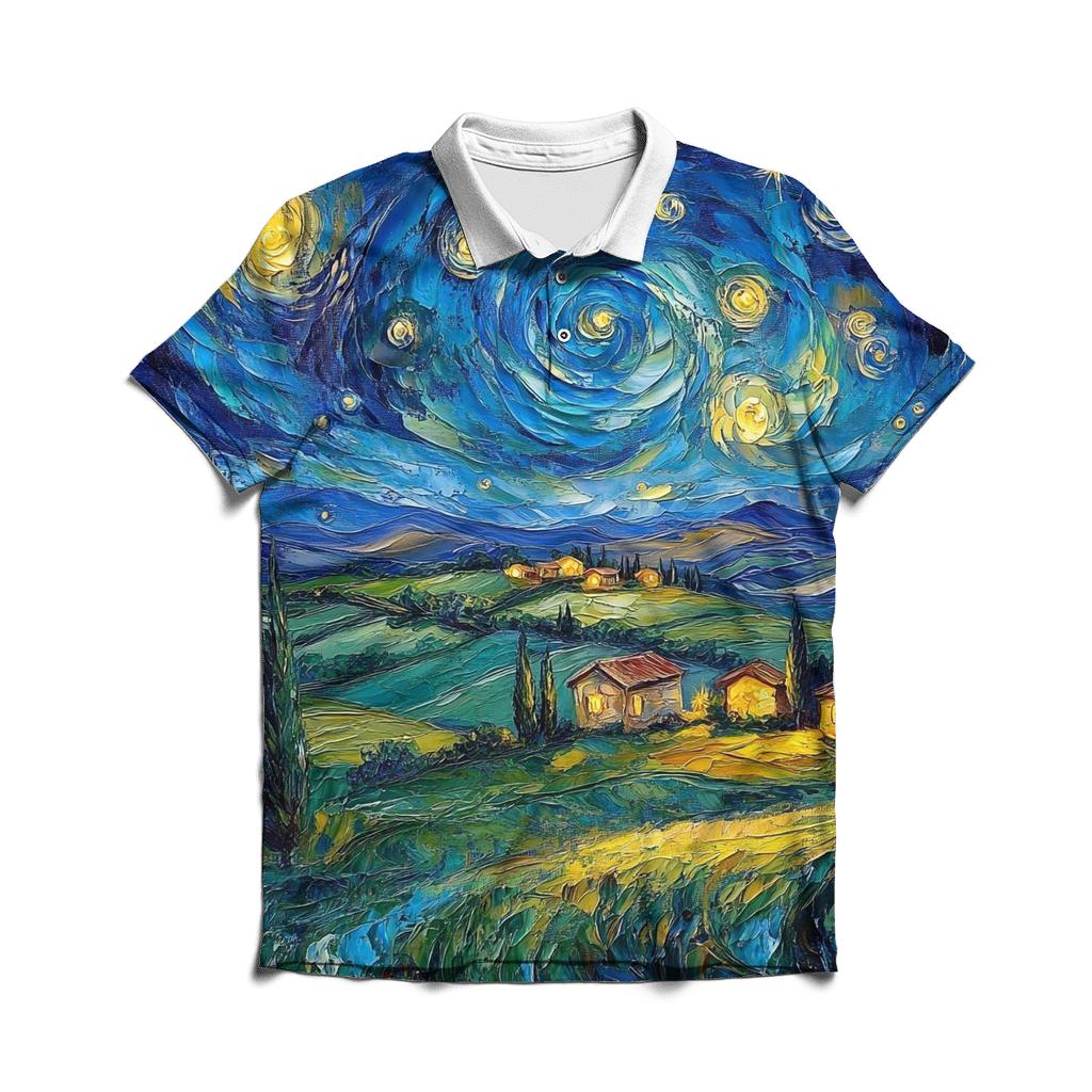 Van Gogh Inspired Starry Countryside classic pique polos