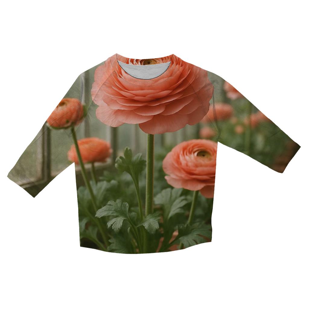 Greenhouse Ranunculus Study printed three quarter sleeve shirts