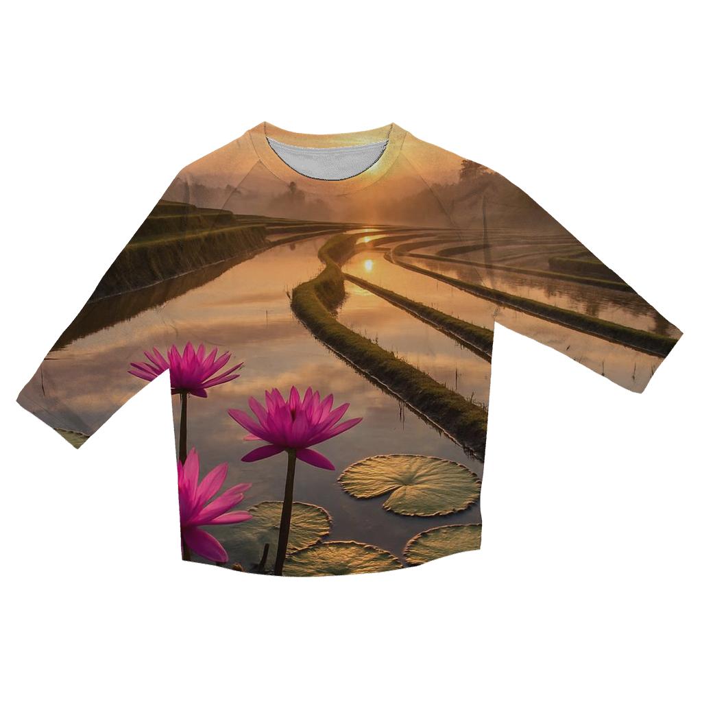 Rice Terraces Lotus Edge Sunrise printed three quarter sleeve shirts