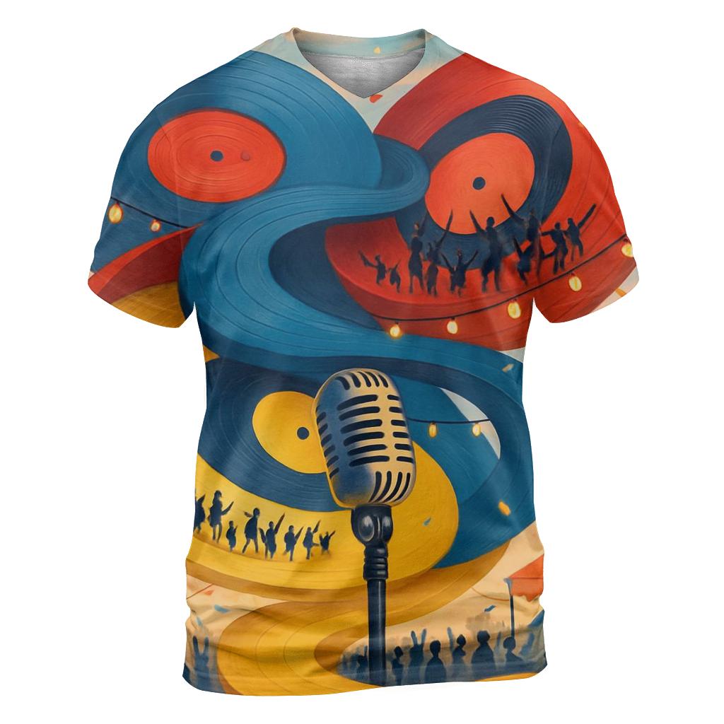Vinyl Spiral Festival vibrant all-over design tees