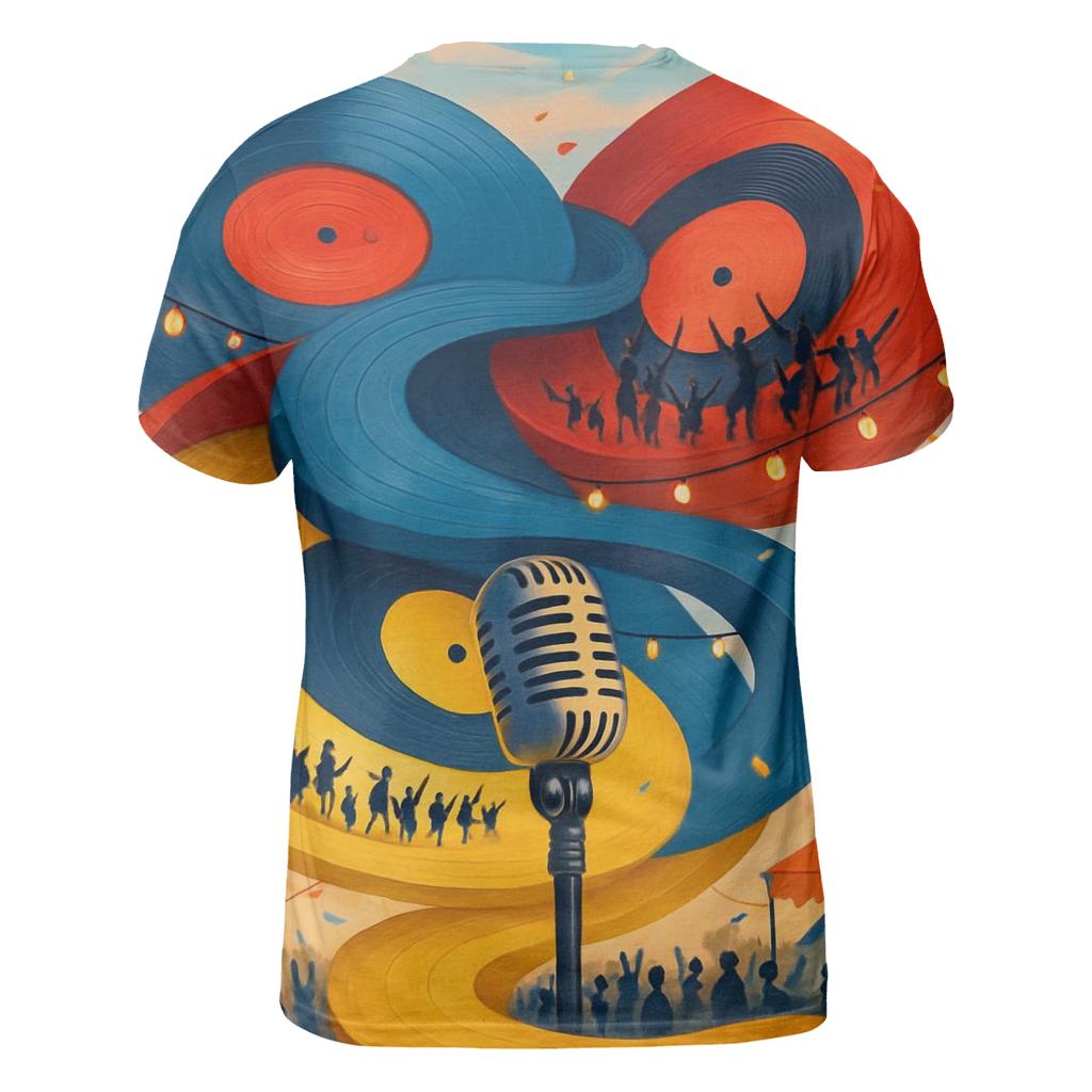 Vinyl Spiral Festival vibrant all-over design tees